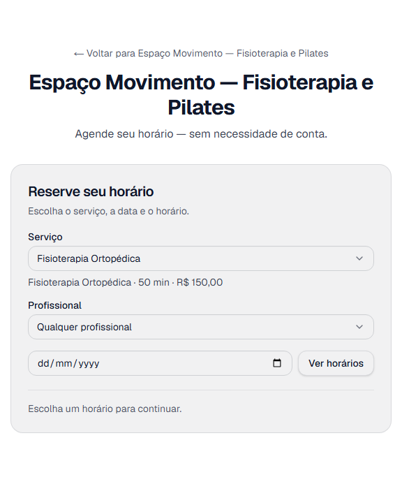 Demonstração do agendamento online — fluxo de reserva do Espaço Movimento